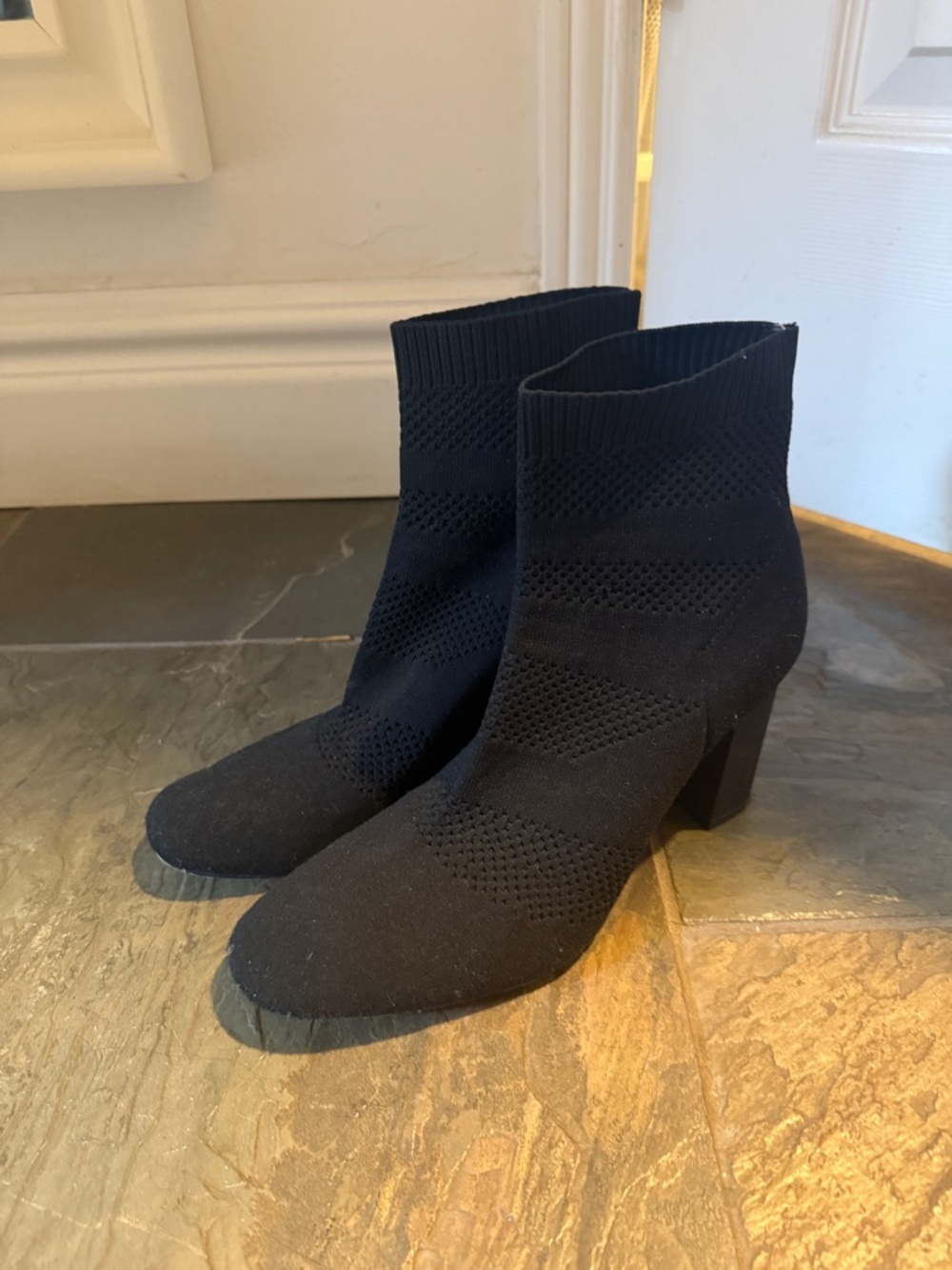 Zara Black Knit Sock Ankle Booties with Block Heel